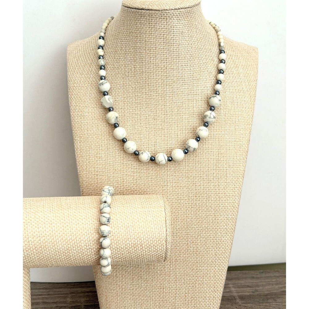 White Howlite & Hematite Beaded Necklace & Bracelet Set  Bohemian style jewelry